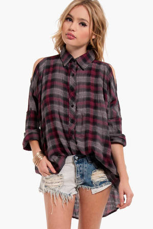 Bare Shoulders Button Up Shirt in Red and Grey Plaid - $90 | Tobi US
