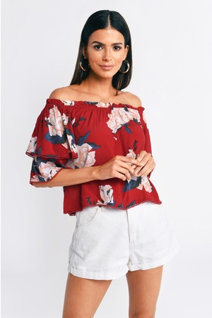 white off the shoulder top with red roses