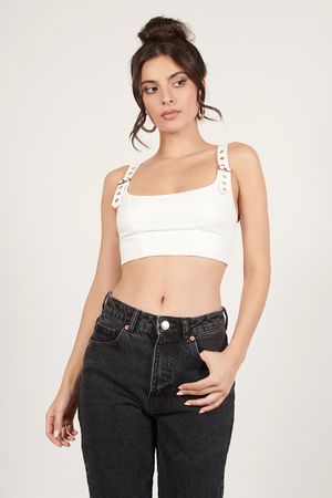 White Crop Top - Crop Top With Buckle Straps - Exposed Zip Closure Crop Top