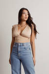 For One Night Beige Ruched Satin Crop Top