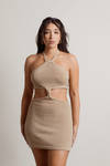 Just The Thing Beige Halter Knot Cutout Bodycon Mini Dress
