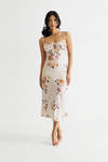Michelle Beige Floral Ruched Bust Midi Dress