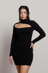 Navie Black Ribbed Long Sleeve Cutout Bodycon Dress