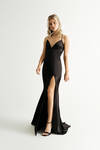 Peisinoe Black Satin Lace-Up Slit Maxi Dress