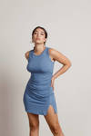Amine Blue Ribbed Shirred Slit Bodycon Dress