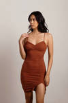 Keep It Up Brown Ruched Slit Bodycon Dress