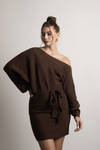 Arabelle Chocolate Off Shoulder Long Sleeve Sweater Dress
