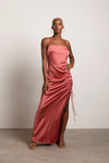 Stellar Dusty Rose Satin Ruched Side Slit Maxi Dress