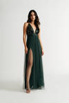 Just Like That Hunter Green Plunging Sequins Mesh Maxi Dress