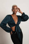 Say It Then Hunter Green Long Sleeve Front Tie Satin Crop Top