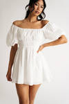 Alison Ivory Puff Sleeve Ruched Skater Mini Dress
