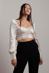 Let It Slip Ivory Satin Ruched Button Crop Top
