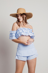 Yacht Party Light Blue Off Shoulder Ruffled Crop Top and Shorts Set