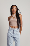 Polly Light Brown Knit Halter Keyhole Crop Top