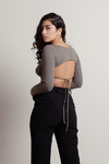 Tomo Olive Ribbed Backless Long Sleeve Crop Top