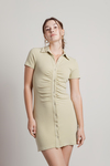 Saturn Sage Collared Ruched Button Ribbed Bodycon Dress