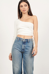 Side Effect White One Shoulder Ruched Rib Top