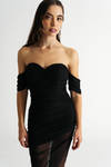 Angelina Black Mesh Off Shoulder Asymmetrical Midi Dress