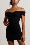 Foreshadow Black Ruched Off Shoulder Bodycon Mini Dress