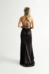 Peisinoe Black Satin Lace-Up Slit Maxi Dress
