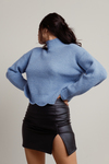 Extra Passion Blue Ribbed Mock Neck Scallop Hem Sweater