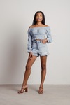 Flow With It Blue Smocked Off shoulder Long Sleeve Top