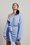 Marcela Blue Off Shoulder Waist Tie Sweater Dress