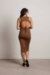 Katara Brown Ribbed Side Slit Backless Bodycon Midi Dress