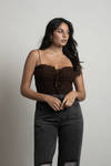 Rae Chocolate Brown Ruffled and Ruched Lace-Up Mesh Bodysuit