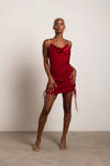 All In Time Cranberry Satin Cowl Neck Ruched Mini Dress