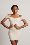 Foreshadow Cream Ruched Off Shoulder Bodycon Mini Dress