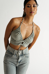 All Tied Up Dusty Sage Ribbed Halter Keyhole Crop Tank Top