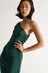 Breanna Emerald One Shoulder Ruched Bodycon Midi Dress