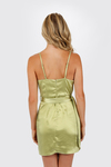 Keila Green Satin Waist Tie Wrap Bodycon Mini Dress