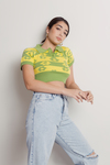 Cutie Field Green & Yellow Floral Striped Collared Knit Crop Top