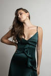 Alisa Hunter Green Asymmetrical Ruffled Maxi Dress
