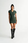 Style Forecast Hunter Green Collared Ribbed Mini Bodycon Dress