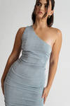 Breanna Light Blue One Shoulder Ruched Bodycon Midi Dress