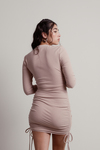 Boy Bye Light Taupe Ribbed Side Ruched Long Sleeve Dress
