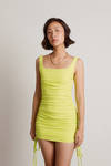 Party With Us Lime Green Ruched Back Cutout Bodycon Mini Dress