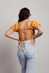 See You There Orange Ruched Open Back Crop Top