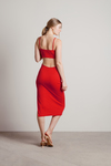 On The Nose Red Ribbed Waist Cutout Slit Midi Dress