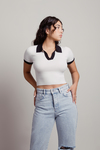 Calypso White & Black Contrast Collared Sweater Knit Crop Top
