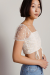 Lil Crush White Puff Sleeve Floral Mesh Ruched Crop Top