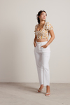 Falling Petals White Multi Ruched Floral Puff Sleeve Crop Top