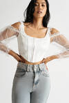 Wasted Love White Satin Corset Sheer Sleeves Top