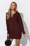 Never Forget You Wine Lace Up Sweater Dress