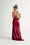Peisinoe Wine Satin Lace-Up Slit Maxi Dress