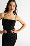 All About Me Black Sequin Backless Slit Maxi Dress