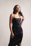 Blush Away Black Satin Asymmetrical Backless Midi Dress